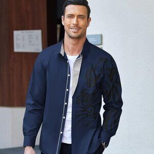 Coofandy Men's Navy Blue Printed Casual Dressy Button Down Shirt - Size XXL -NWT